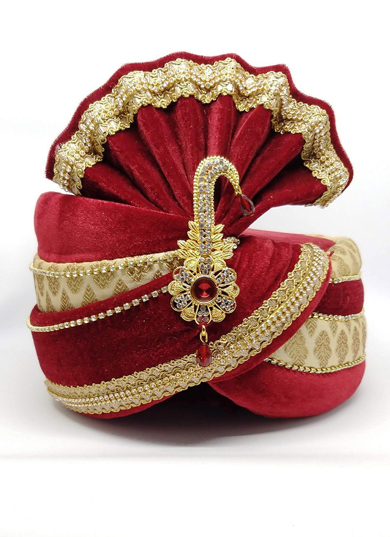 Red And Cream Colour Safa Vol 2 Brocade With Velvet With Less Wedding Wear Mens Collection Safa 21